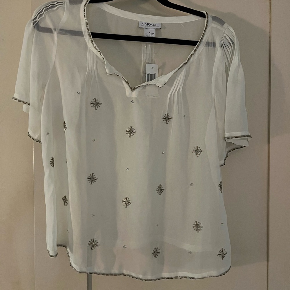 Carmen Marc Valvo White Flutter Sleeve Embellished Blouse